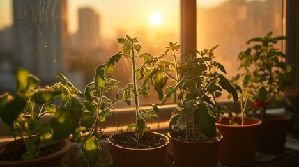 seedlings of vegetables and fruits on the windowsill. preparation for the summer cottage season. garden at home. healthy food concept, natural, vegetable garden, vases with seedlings, spring, city