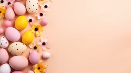 poster with place for text on the theme of spring and easter. Easter eggs and tulips layout top view with space for text. concept spring, easter, advertising