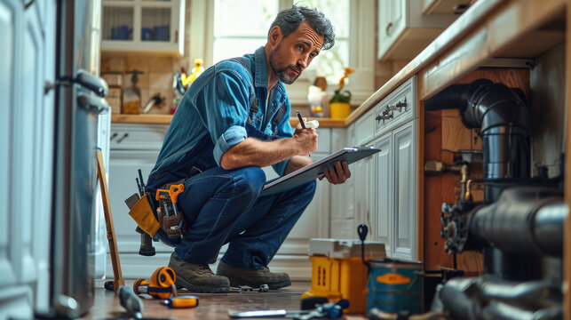 Plumber or maintenance worker crouched down, inspecting or repairing a kitchen sink