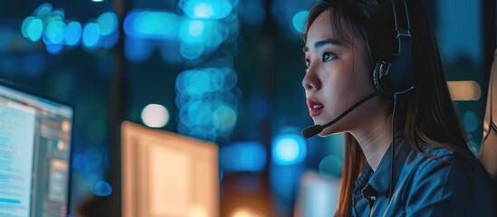 Asian businesswoman working at call center with headset and computer, providing customer support services.