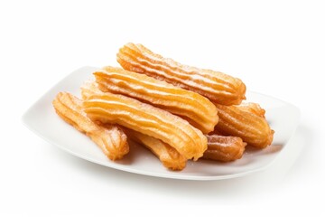 A heap of traditional Spanish dessert churros on the plate isolated on white background