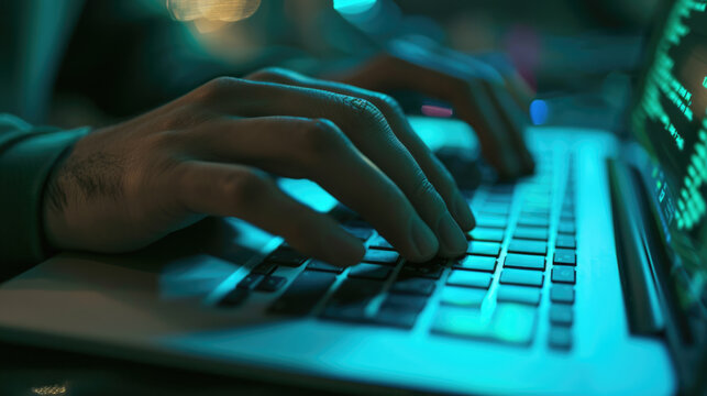 Close-up of a person's hands typing on a laptop keyboard