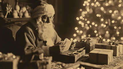 vintage Santa Claus wrapping presents, postcard.