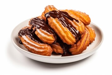 Obraz na płótnie Canvas A heap of traditional Spanish dessert churros with chocolate sauce isolated on white background