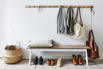 A fashionable indoor closet design featuring a wall of shoes and bags neatly displayed on a bench, evoking a sense of organization and style - obrazy, fototapety, plakaty