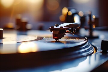 Capturing the nostalgic sound of music, a vintage turntable spins a vinyl record as a needle...