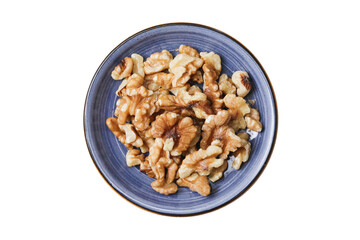 Peeled walnuts isolated on white. Tapas nuts serving. Blue plate with nuts. Pile of nuts. Healthy snack portion. Top view flat lay nuts. Closeup macro walnut structure.