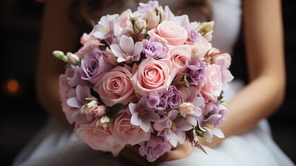 Beautiful pastel wedding bouquet of pink roses and white flowers in the hands of the bride, bokeh background.