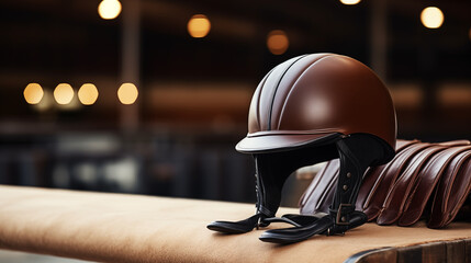 Jockey helmet, leather stack on the background of an equestrian arena - obrazy, fototapety, plakaty