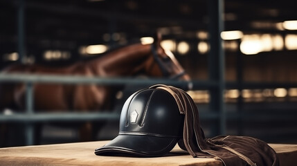 Jockey helmet, leather stack on the background of an equestrian arena - obrazy, fototapety, plakaty