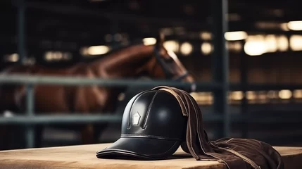 Keuken spatwand met foto Jockey helmet, leather stack on the background of an equestrian arena © Ekaterina