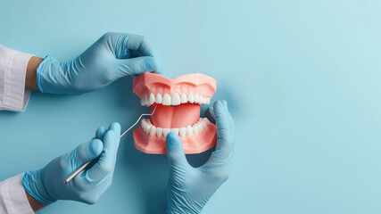 Practitioner's Hands Demonstrating Teeth Examination on a Dental Model Against a Clean Blue Background - obrazy, fototapety, plakaty