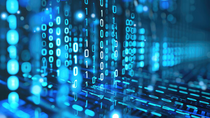 Digital Data Stream, Binary Code Flowing Over a High-Tech Circuit Board, Symbolizing Advanced Computing and Information Technology
