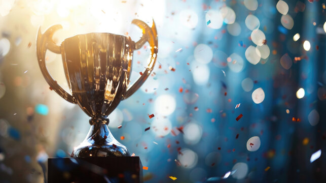 Shimmering Trophy Against a Backdrop of Blue Hues and Floating Confetti, Capturing the Essence of Celebration