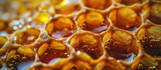 Honey-filled hexagonal honeycomb texture, with cells made of beeswax.