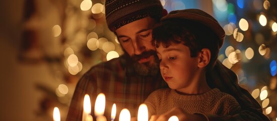 Jewish father and son lighting Hanukkah candles at home.