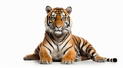 A tiger sitting frontal image photo white background