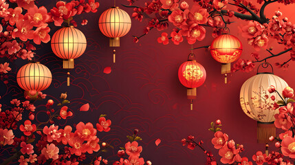 Chinese New Year 2024 Beautiful Background and Wallpaper Illustration Lanterns and Red Leaves
