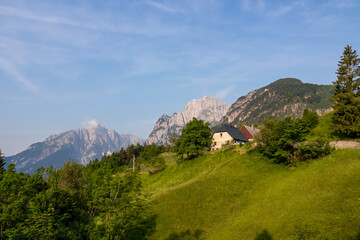 Panoramic view of mountain peaks of Julian Alps, border Italy Slovenia, Europe. Jagged contours of...