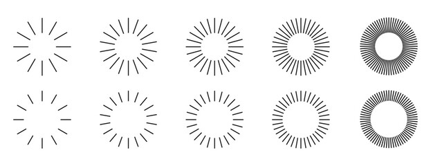 Round sunburst, line radial rays, frame icon set