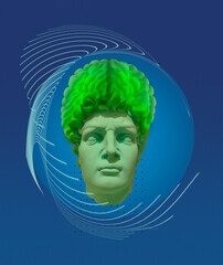 Creative art collage an ancient statue with brain flying out of its head.