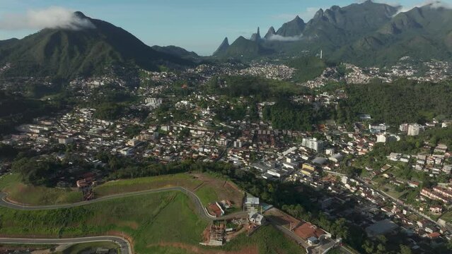 Wonderful landscape and mountain town. Mountain of the Finger of God, the city of Teresopolis, State of Rio de Janeiro, Brazil.