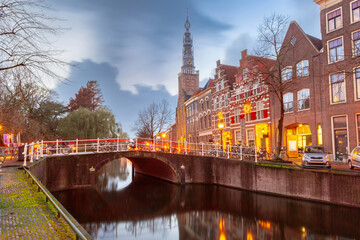 St Louis Church at the Steenschuur in Leiden during blue hour, Holland, Netherlands - obrazy, fototapety, plakaty