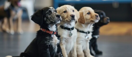 Training puppies at a canine academy. - obrazy, fototapety, plakaty