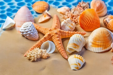 Fototapeta na wymiar Summer background. Seashells and stars border on sand. Neural network AI generated art