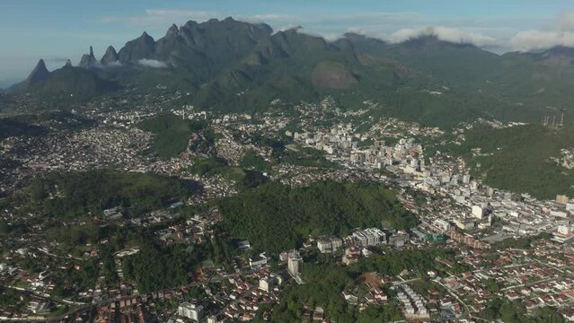 Wonderful landscape and mountain town. Mountain of the Finger of God, the city of Teresopolis, State of Rio de Janeiro, Brazil.