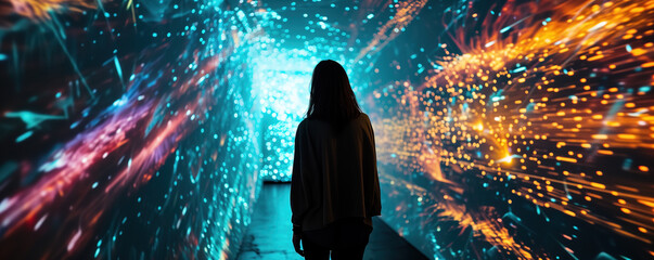 An awe-inspiring image of a person watching a 3D projection mapping show, capturing the wonder and excitement of immersive visual experiences.