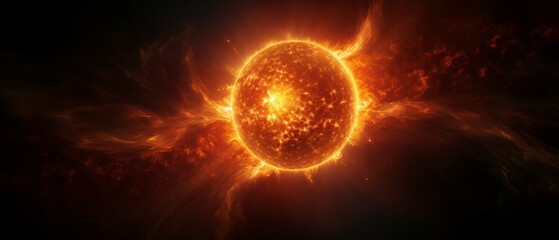 Bright Sun against dark starry sky in Solar System. Powerful Sun Solar Flare Particles coronal mass ejections in space. Generative ai