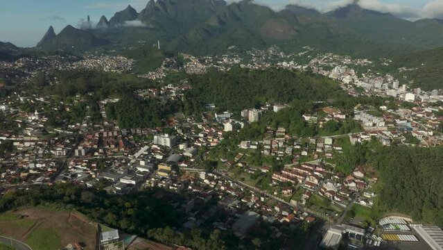 Wonderful landscape and mountain town. Mountain of the Finger of God, the city of Teresopolis, State of Rio de Janeiro, Brazil.