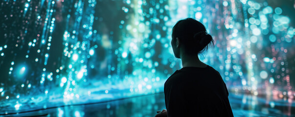 An awe-inspiring image of a person watching a 3D projection mapping show, capturing the wonder and excitement of immersive visual experiences.