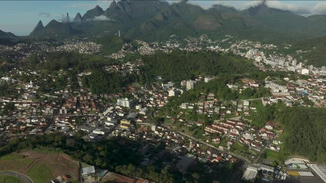 Wonderful landscape and mountain town. Mountain of the Finger of God, the city of Teresopolis, State of Rio de Janeiro, Brazil.