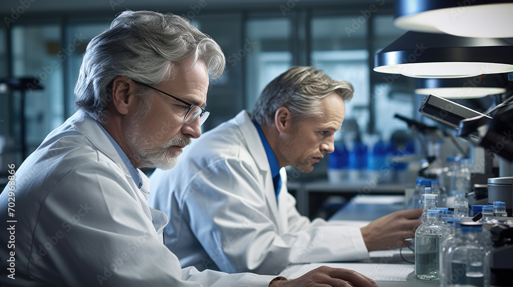 Aufkleber experienced male scientist is intently using a microscope in a laboratory setting