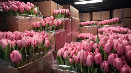 a lot of flowers packed in boxes refrigerator warehouse - obrazy, fototapety, plakaty