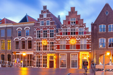 City gate and Bridge Morspoort in Leiden during blue hour, South Holland, Netherlands