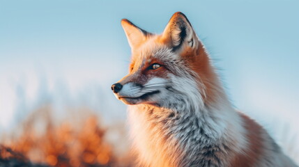 Fototapeta premium Close up photo of a red fox looking sideways against a blurred blue sky background. For postcard, banner, wallpaper, poster.