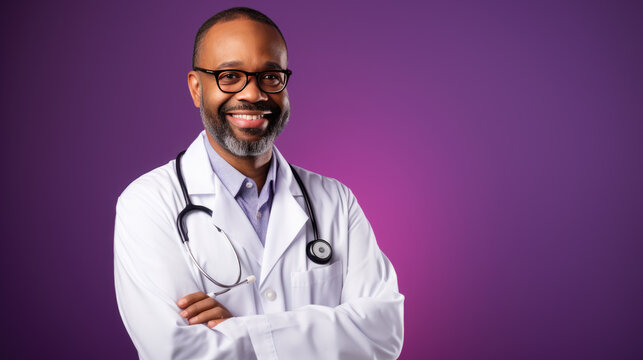 Smiling doctor wearing a white lab coat with a stethoscope around his neck, standing confidently against a colored background.