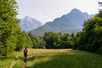 Hiker woman on scenic hiking trail on alpine meadow looking at mount Svinjak in Bovec, Julian Alps,...