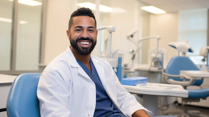 Obraz premium Cheerful dentist man wearing a lab coat standing in a dental clinic with a dental chair and equipment in the background.
