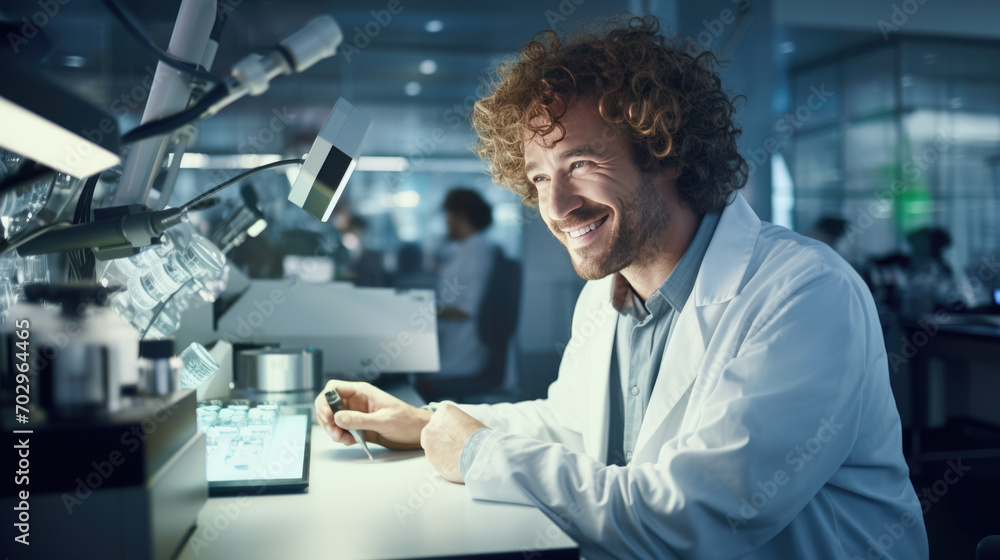 Aufkleber experienced male scientist is intently using a microscope in a laboratory setting