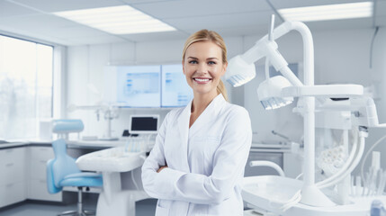 Woman with a confident smile, wearing a white lab coat, standing in a dental clinic with dental equipment in the background