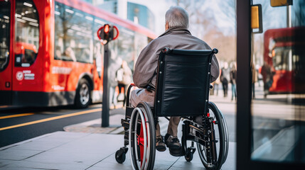 Fototapeta na wymiar Elderly person from behind, seated in a wheelchair at a public transport stop