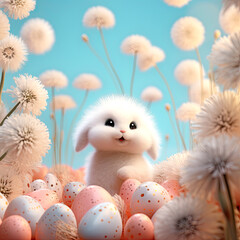 An adorable, whimsical illustration of a white Easter bunny in a cartoon style.