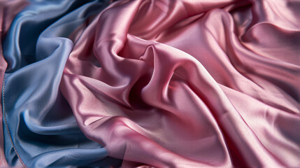Texture of draped fabric of pink color. Beautiful emerald lilac soft silk textile. Design for texture, background, and wallpaper.