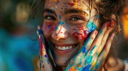 Colorful Painted Hand and Happy Girl