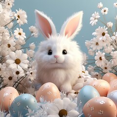 An adorable, whimsical illustration of a white Easter bunny in a cartoon style.