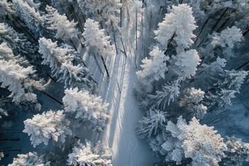 A winter wonderland captured from above, showcasing the stunning contrast between the frosty trees and the glistening snow